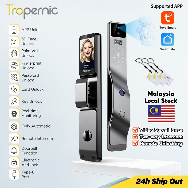[Ready Stock] 7 In 1 Tuya Fully Automatic Smart Door Lock with HD Camera Palm Unlock Video Surveillance 6068 Security Door Lock APP Remote Unlock Keyless Digital Lock Support Two Way Intercom