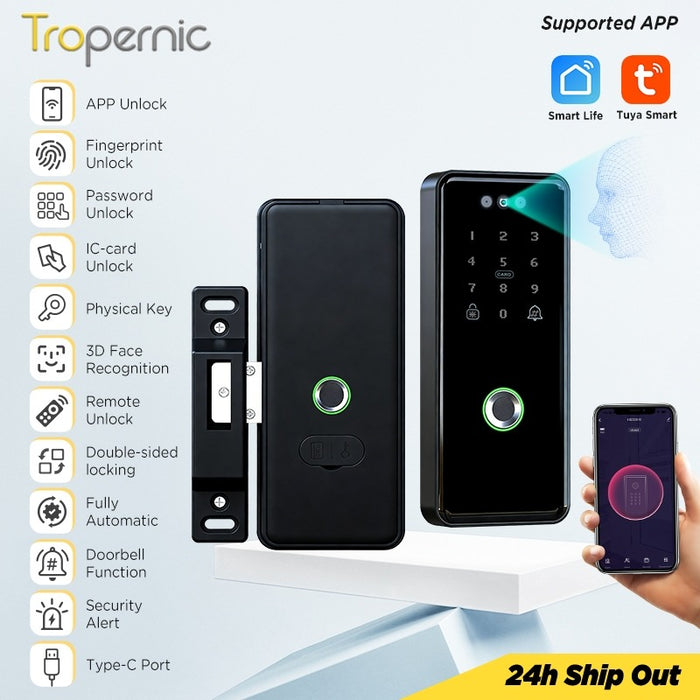 [Gate Door Lock] Tuya Double Side Smart Door Lock with Doorbell Fully Automatic 3D Face Unlock APP Remote Unlock Fingerprint Digital Lock for Home