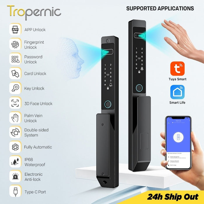 【Palm Vein Unlock】Tuya 7 in1 Fully Automatic Smart Digital Gate Lock 3D Face Unlock IP68 Waterproof Suitable for HDB Main Gate   Sliding Door
