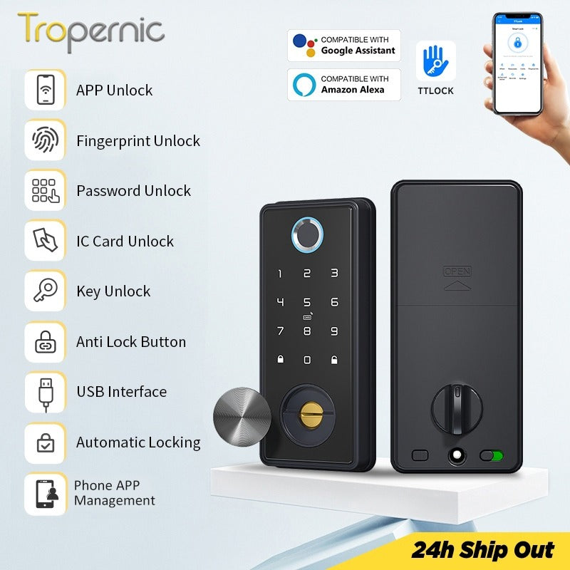 [24h Ship Out] TTLOCK Fully Automatic Smart Lock Biometric Fingerprint Digital Door Lock with Sliding Cover Keyhole Password IC Card Key Unlock