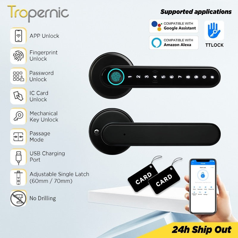 [No Drilling] 5 In 1 TTLOCK Digital Door Lock APP Remote Unlock Anti Theft Fingerprint Handle Password Smart Lock 60/70MM Single Latch For Bedroom Home Hotel