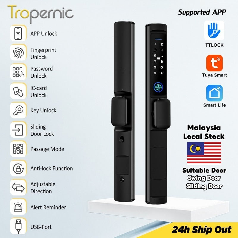 Tuya/TTLOCK Waterproof Smart Door Lock Anti Theft Zinc Alloy Sliding Door Lock with Short Handle Semi-Automatic Fingerprint Digital Lock For Aluminum Door
