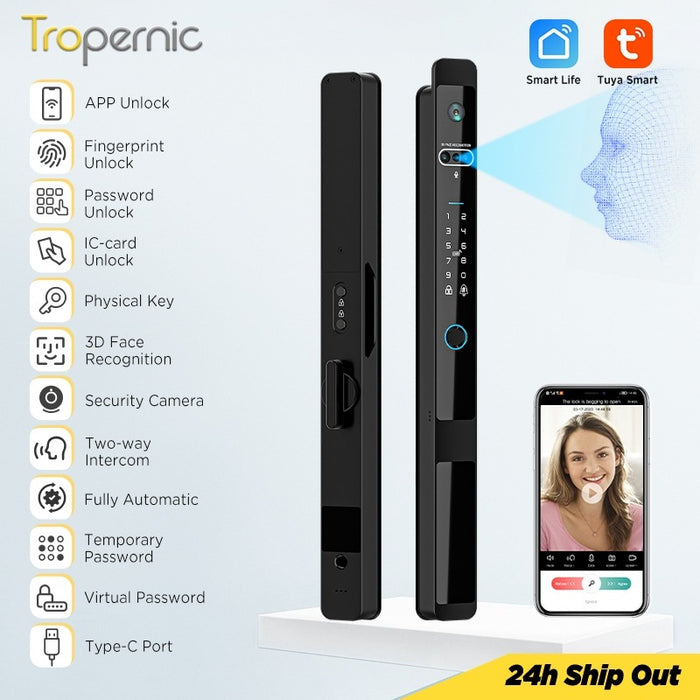 [Face Unlock] Tuya Smart Door Lock with Camera 6 In 1 Fully Automatic Sliding Door Lock APP Remote Unlock Fingerprint Digital Lock for Aluminum Door