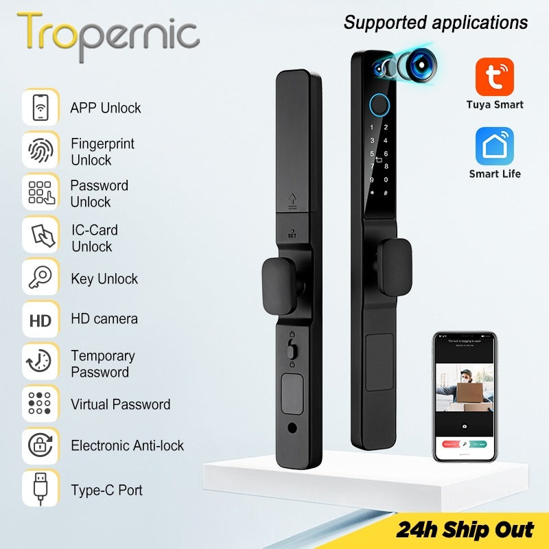 Tuya WiFi Smart Door Lock with Security Camera Fingerprint Sliding Door Lock with Electronic Anti Lock Button Security Password Digital Door Lock for Home