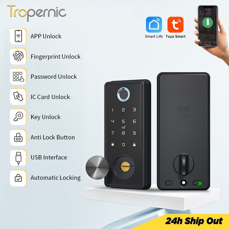 Tuya Smart Door Lock WiFi Remote Unlock Digital Password IC Card Biometric Fingerprint Unlock Fully Automatic Electric Deadbolt