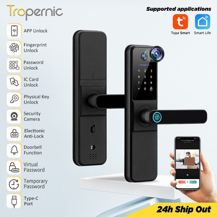 Tuya Smart Lock With Security Camera App Remote Unlock 5 In 1 Digital Lock With Doorbell For Home Fingerprint Password IC Card Key Unlock