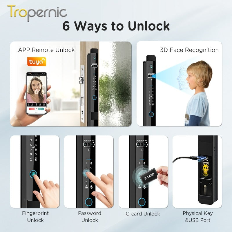 [Face Unlock] Tuya Smart Door Lock with Camera 6 In 1 Fully Automatic Sliding Door Lock APP Remote Unlock Fingerprint Digital Lock for Aluminum Door