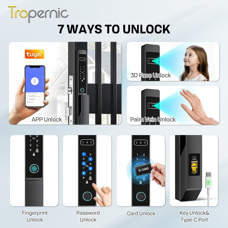【Palm Vein Unlock】Tuya 7 in1 Fully Automatic Smart Digital Gate Lock 3D Face Unlock IP68 Waterproof Suitable for HDB Main Gate   Sliding Door