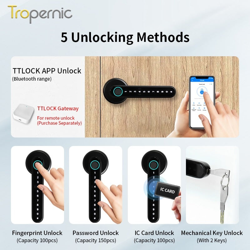 [No Drilling] 5 In 1 TTLOCK Digital Door Lock APP Remote Unlock Anti Theft Fingerprint Handle Password Smart Lock 60/70MM Single Latch For Bedroom Home Hotel
