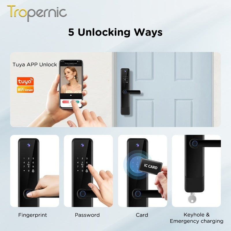 [HD Display Screen] 5 In 1 Tuya Smart Door Lock With Security Camera Fingerprint Digital Lock with Doorbell Function Password Electronic Lock 6068 Security Door Lock