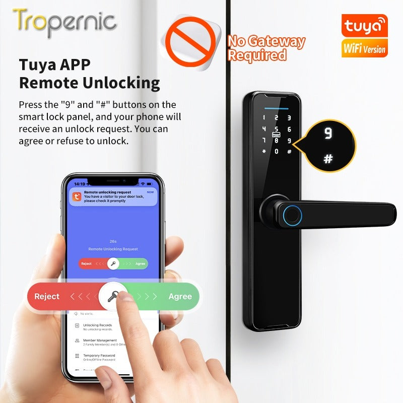 Tuya WiFi Smart Door Lock APP Remote Unlocking Fingerprint Lock Digital Password Key IC Card Unlocking