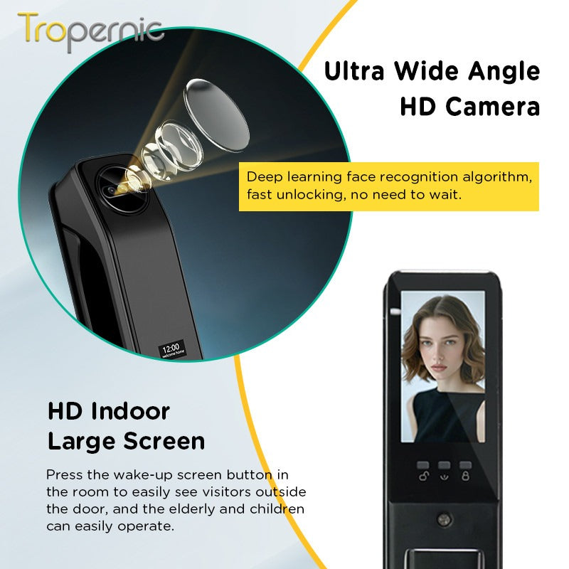 7 In 1 Tuya Smart Door Lock with HD Camera Video Surveillance APP Remote Unlock Fully Automatic Security Door Digital Lock Face Palm Print Unlock Kunci Pintu Rumah