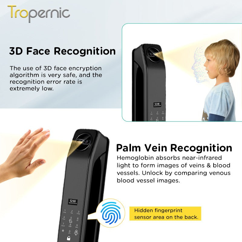 7 In 1 Tuya Smart Door Lock with HD Camera Video Surveillance APP Remote Unlock Fully Automatic Security Door Digital Lock Face Palm Print Unlock Kunci Pintu Rumah