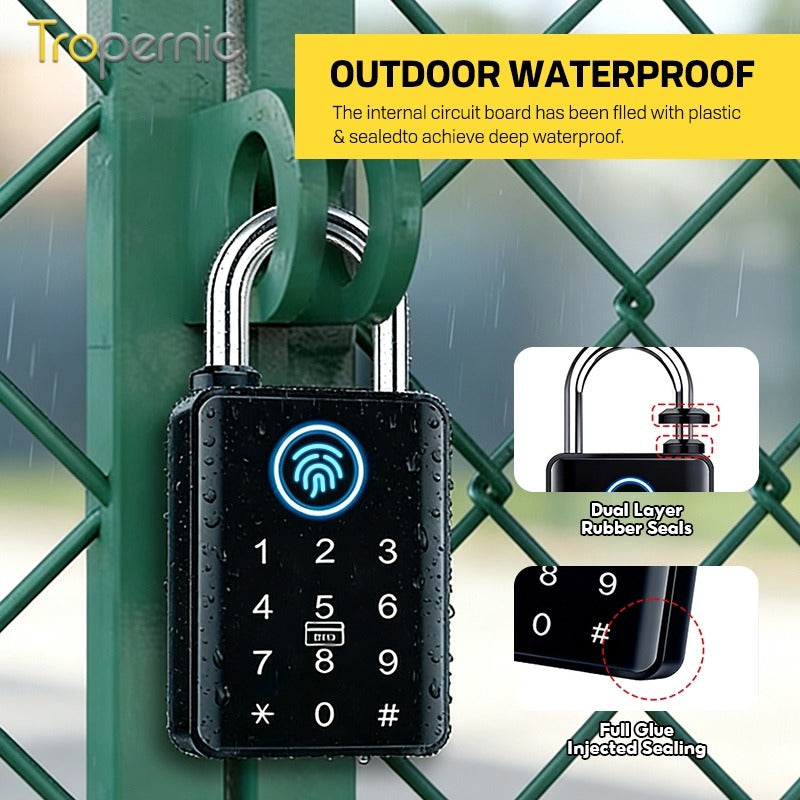 Heavy Duty Tuya BLE Smart Padlock with 10mm Shackle IP65 Waterproof 5 In 1 Fingerprint Padlock for Outdoor Warehouse APP Managed