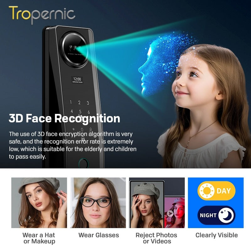 6 In 1 Tuya Smart Door Lock 3D Face Recognition Video Intercom Fully Auto Lock Pintu Rumah with Mechanical Deadlock APP Remote Unlock for Main Door
