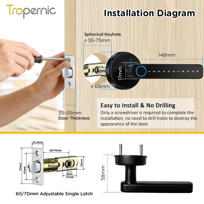 [No Drill] Tuya/TTLOCK Bluetooth Smart Door Lock APP Remote Unlock 5 In 1 Fingerprint Password IC Card Unlock Digital Lock for Wooden Door