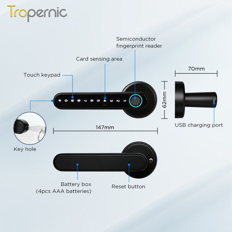 [No Drilling] 5 In 1 TTLOCK Digital Door Lock APP Remote Unlock Anti Theft Fingerprint Handle Password Smart Lock 60/70MM Single Latch For Bedroom Home Hotel