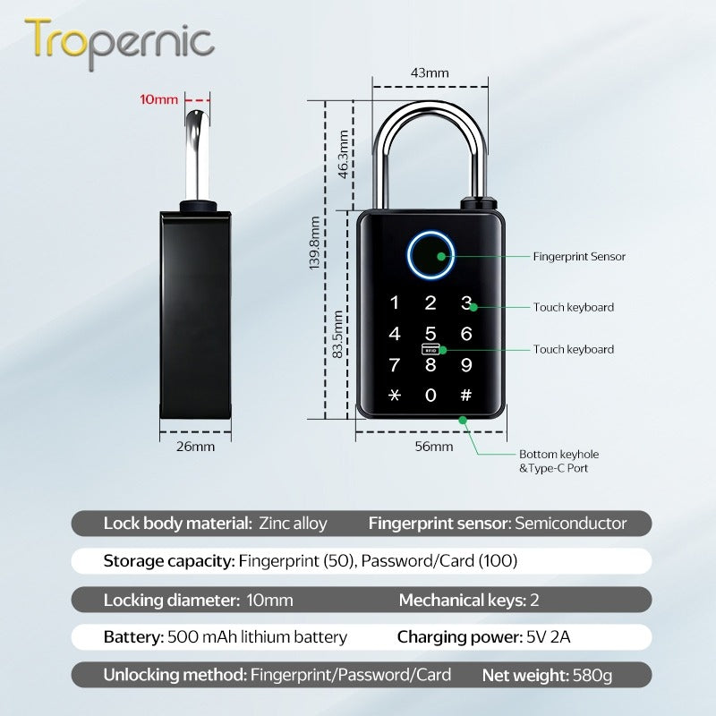 Heavy Duty Tuya BLE Smart Padlock with 10mm Shackle IP65 Waterproof 5 In 1 Fingerprint Padlock for Outdoor Warehouse APP Managed