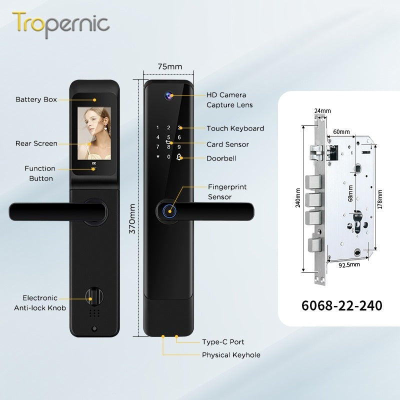[HD Display Screen] 5 In 1 Tuya Smart Door Lock With Security Camera Fingerprint Digital Lock with Doorbell Function Password Electronic Lock 6068 Security Door Lock
