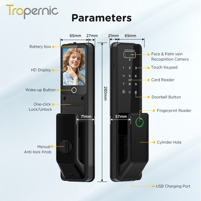 [Video Surveillance] Tuya Smart Door Lock 3D Face Palmprint Unlock Fully Automatic Digital Door Lock APP User Management Remote Unlock Fingerprint Tombol Pintu Rumah for Wooden Door