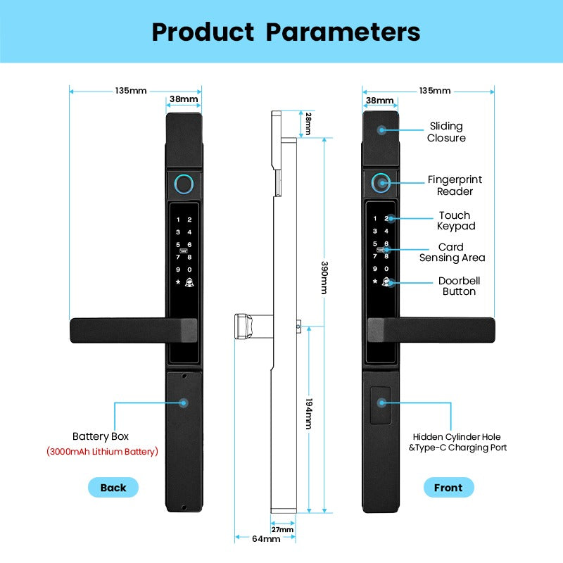 【Grill Door Smart Lock】Tuya Smart Door Lock Double Sided System Waterproof Digital Lock for Grill Door 5 In 1 Digital Lock with Doorbell Function for Sliding Door