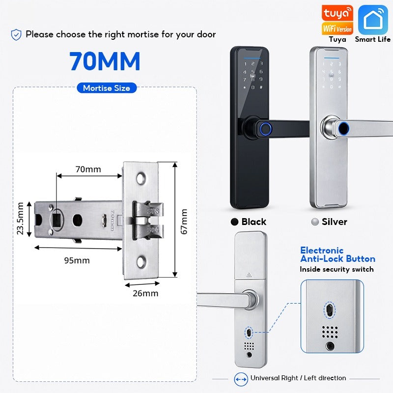 Tuya WiFi Smart Door Lock APP Remote Unlocking Fingerprint Lock Digital Password Key IC Card Unlocking
