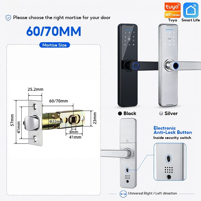 Tuya WiFi Smart Door Lock APP Remote Unlocking Fingerprint Lock Digital Password Key IC Card Unlocking